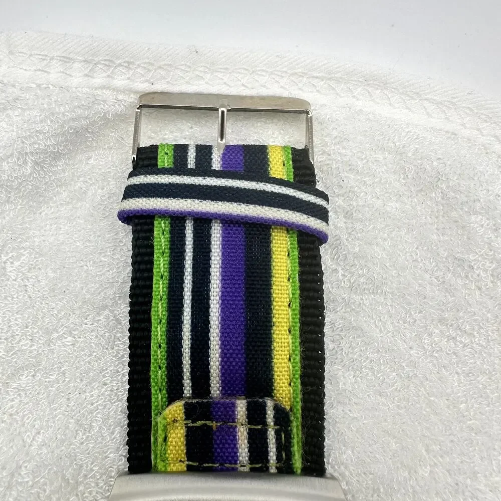 Paul Jardin Rectangular Quartz Watch Silver Tone Case Multicolor Fabric Strap